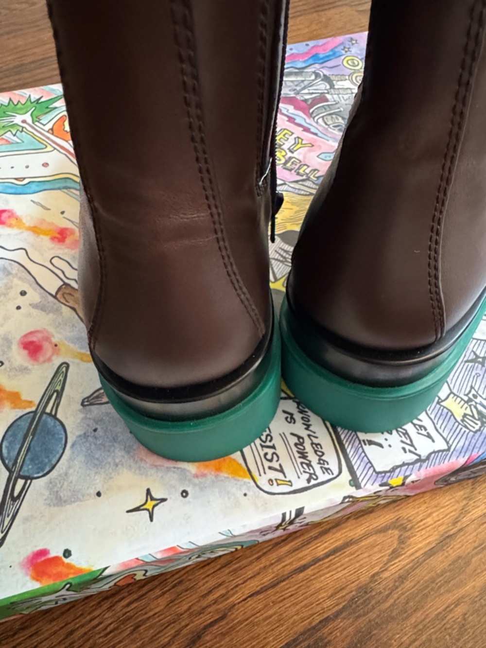 🦄🦄 JEFFERY  CAMPBELL Brown Leather Chelsea Boots with Green Platform Sole - Picture 5 of 7